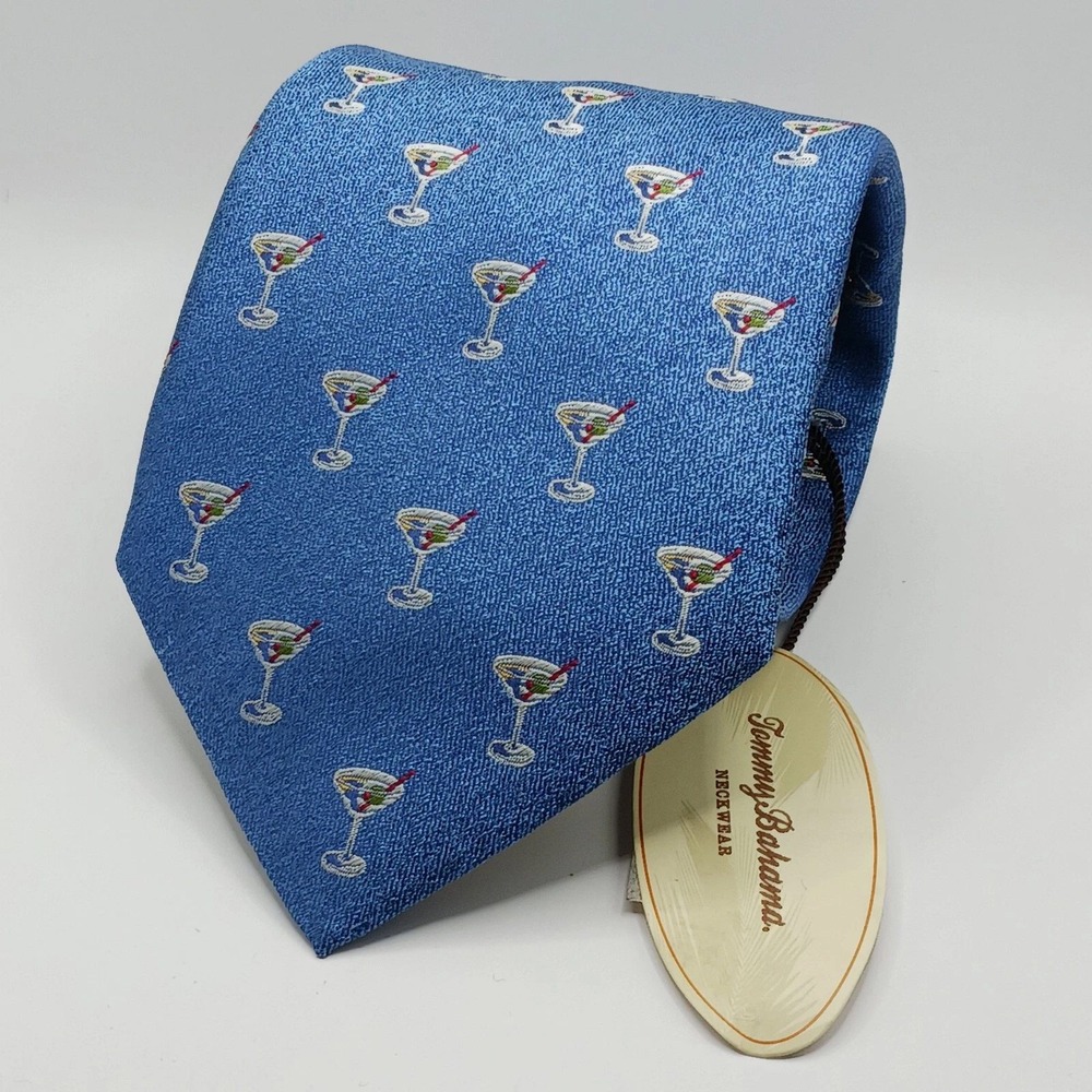 Tommy Bahama Mens Blue Martini Glass Silk Necktie 7TH023T Hand Sewn NWT